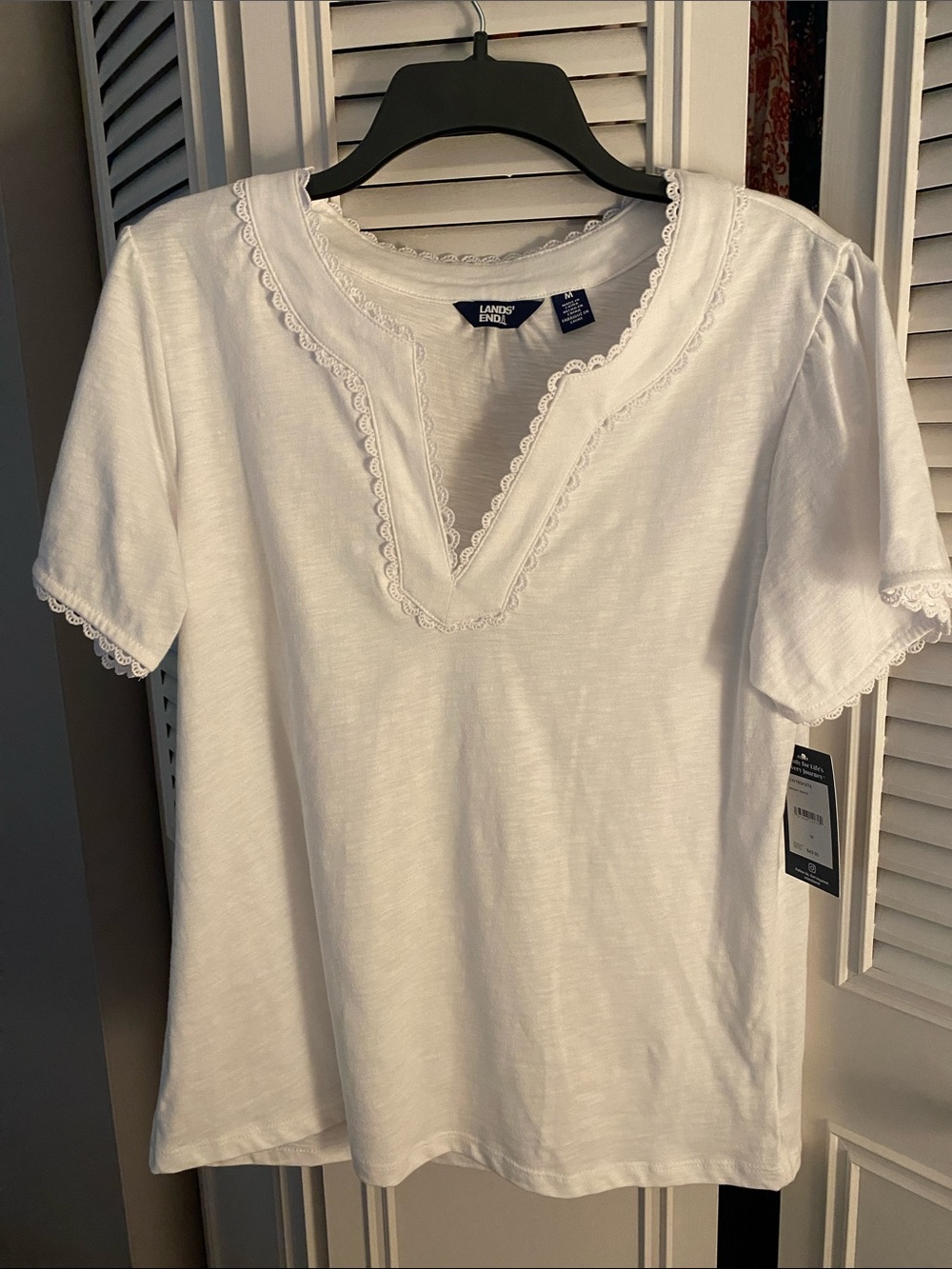 Lands' End White Short Sleeve Tee with Lace Trim